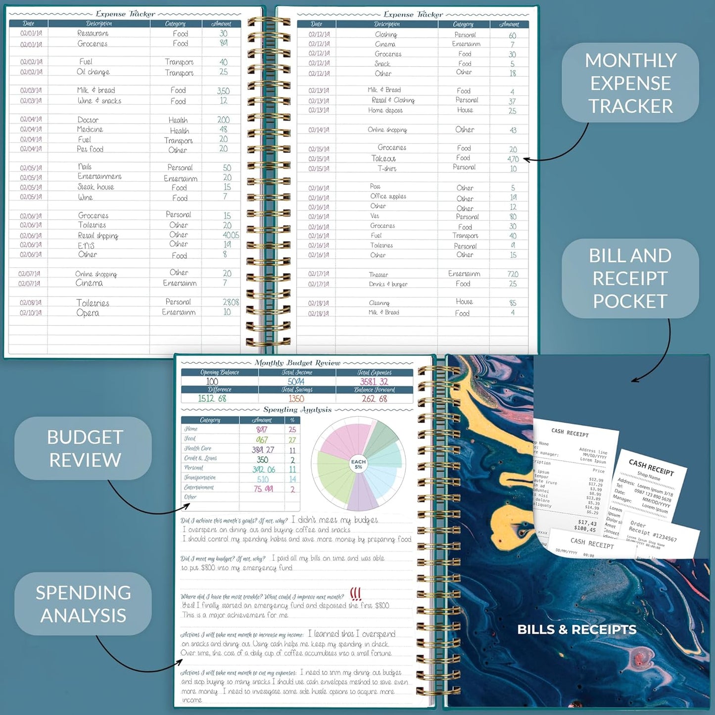 GoGirl Budget Planner & Monthly Bill Organizer – Monthly Financial Book with Pockets. Expense Tracker Notebook Journal, Large (Dark Teal)
