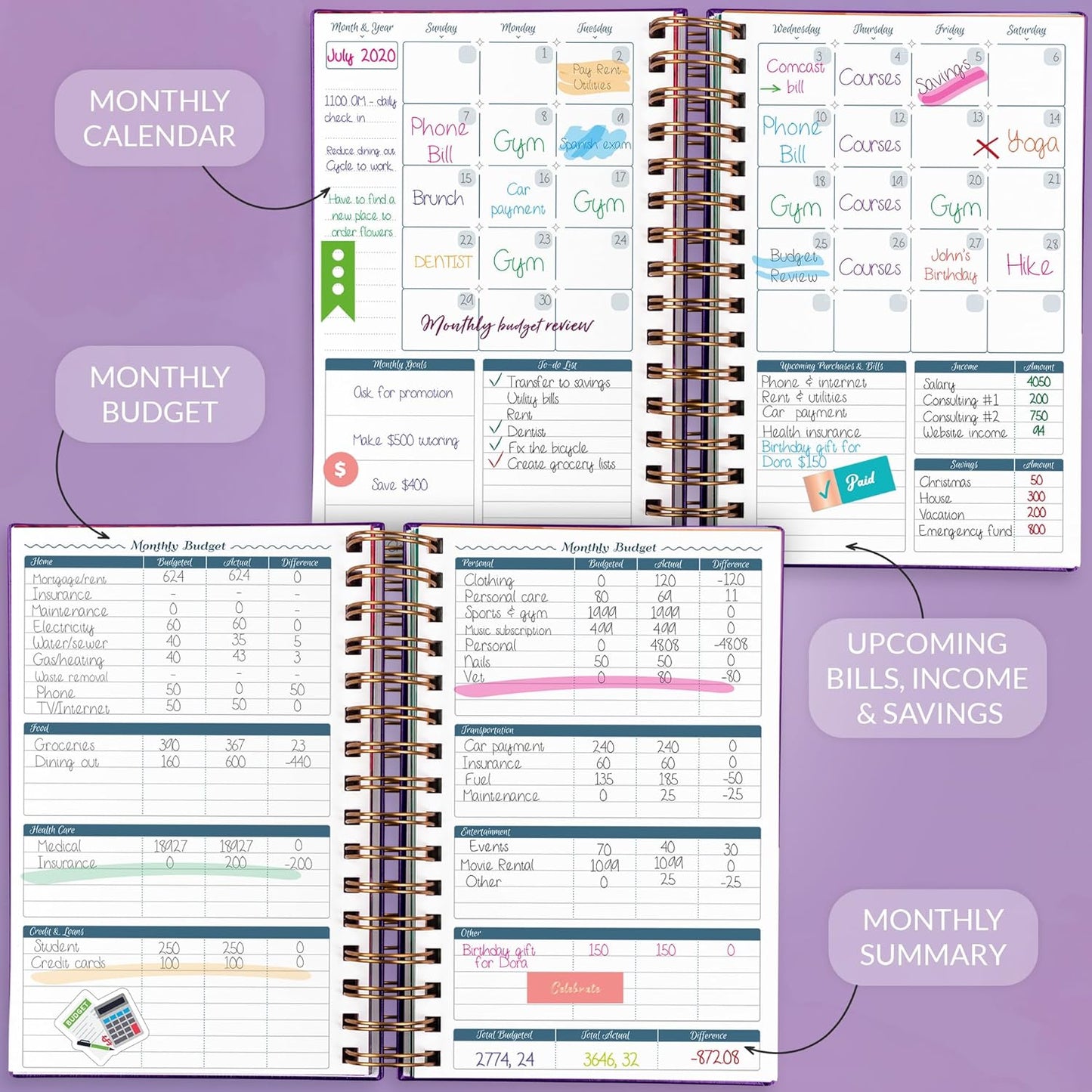 GoGirl Budget Planner & Monthly Bill Organizer – Monthly Financial Book with Pockets. Expense Tracker Notebook Journal, Compact (Purple)