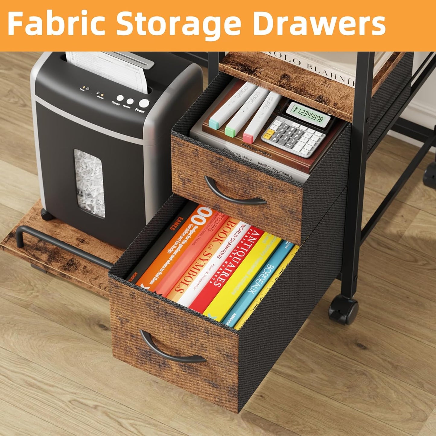 Printer Stand with Power Outlet/Fabric Drawers, Printer Cabinet with Storage Shelf and Rolling Shredder Stand, Printer Table for Home Office, 22.8"×15" Rustic Brown