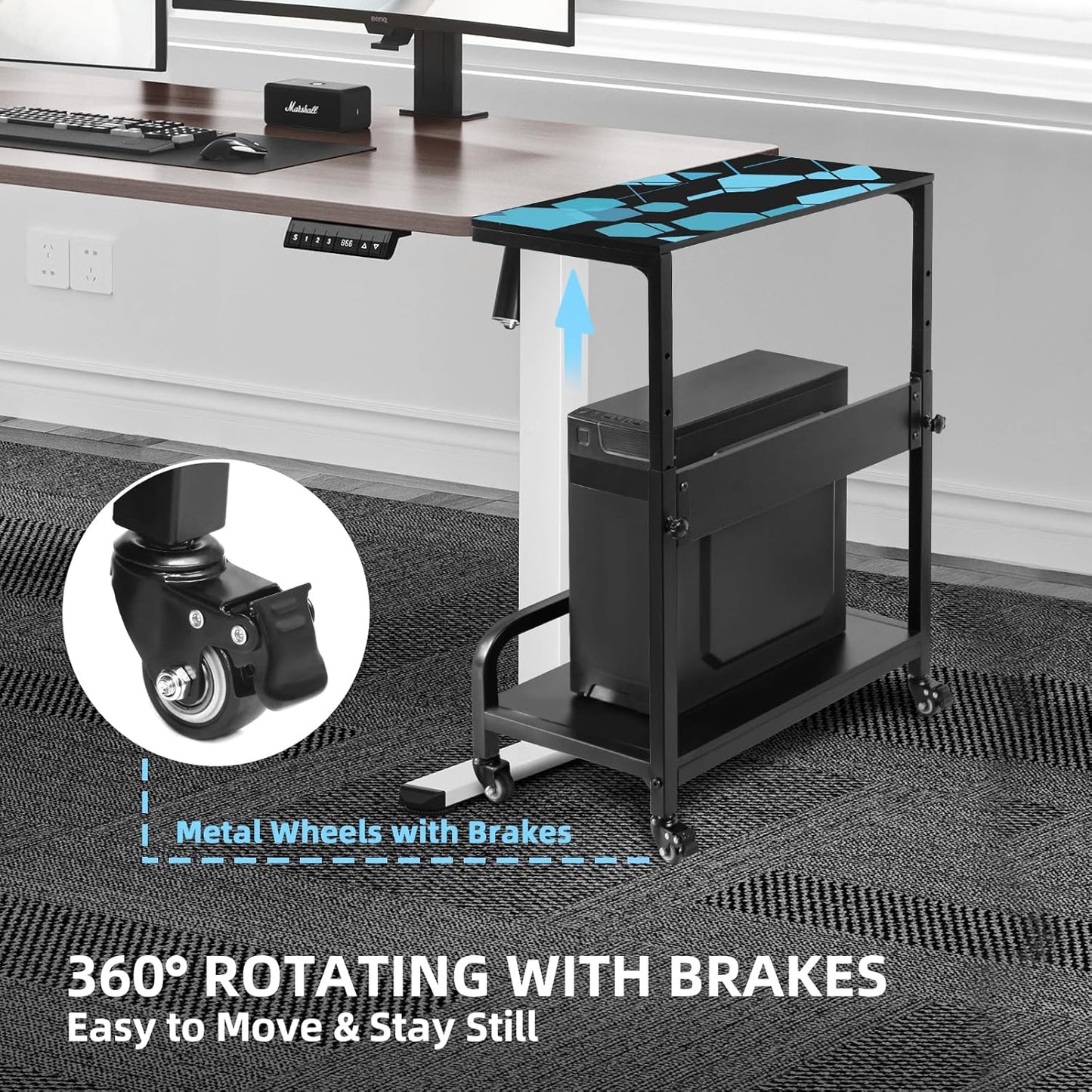 Computer Tower Stand Adjustable, Large for Full Tower with Guard Rail, Metal Wheels, 2-Tier Design, PC Tower Stand for Floor, CPU Holder Cart for ATX, E-ATX, ITX 32.7" X 21.6" X 15.8"