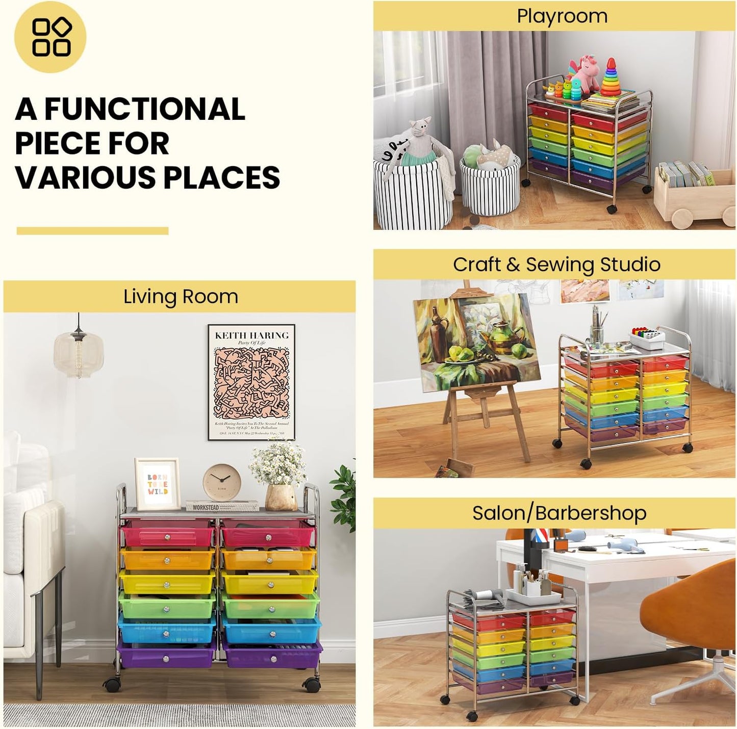 Giantex 12 Drawers Rolling Cart, Mobile Storage Drawer Cart, Classroom Organizer Cart for Office School Supplies Tools Scrapbook Paper Craft Small Printer, Utility Cart on Wheels, Rainbow