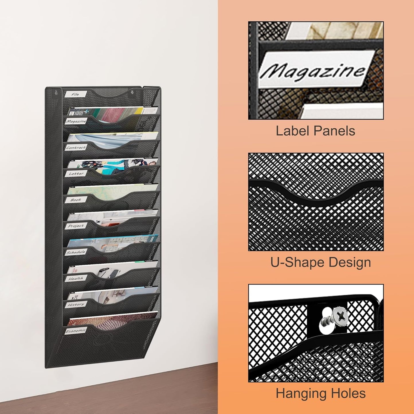 10 Tier Hanging Wall File Holder, Metal A4 Wall Mounted Document Holder, Vertical Hanging Mail Organiser, Magazine Storage Rack with Tray for Office Home Classroom, Black