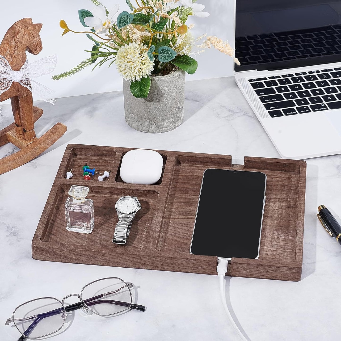 Wood Valet Tray for Men Women, Walnut Nightstand Organizer with Charging Station, Desk Drawer Organizer Tray Office Supplies, Desk Trays for Phone Watch Wallet Key Jewelry Catchall Trays