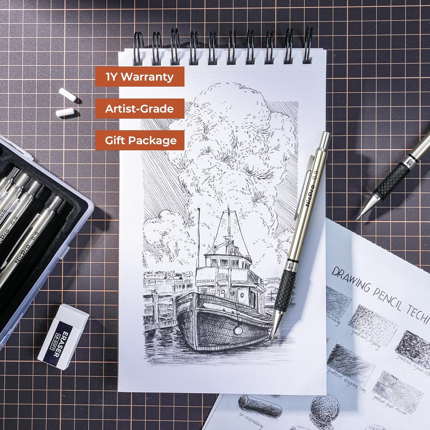 Nicpro 0.9 mm Art Mechanical Pencils Set in Gift Case, 6 PCS Metal Drafting Pencil 0.9mm with 6 Tube HB Lead Refills & 18 PCS Eraser Refills for Adults, Children, Artist Writing, Drawing, Sketching