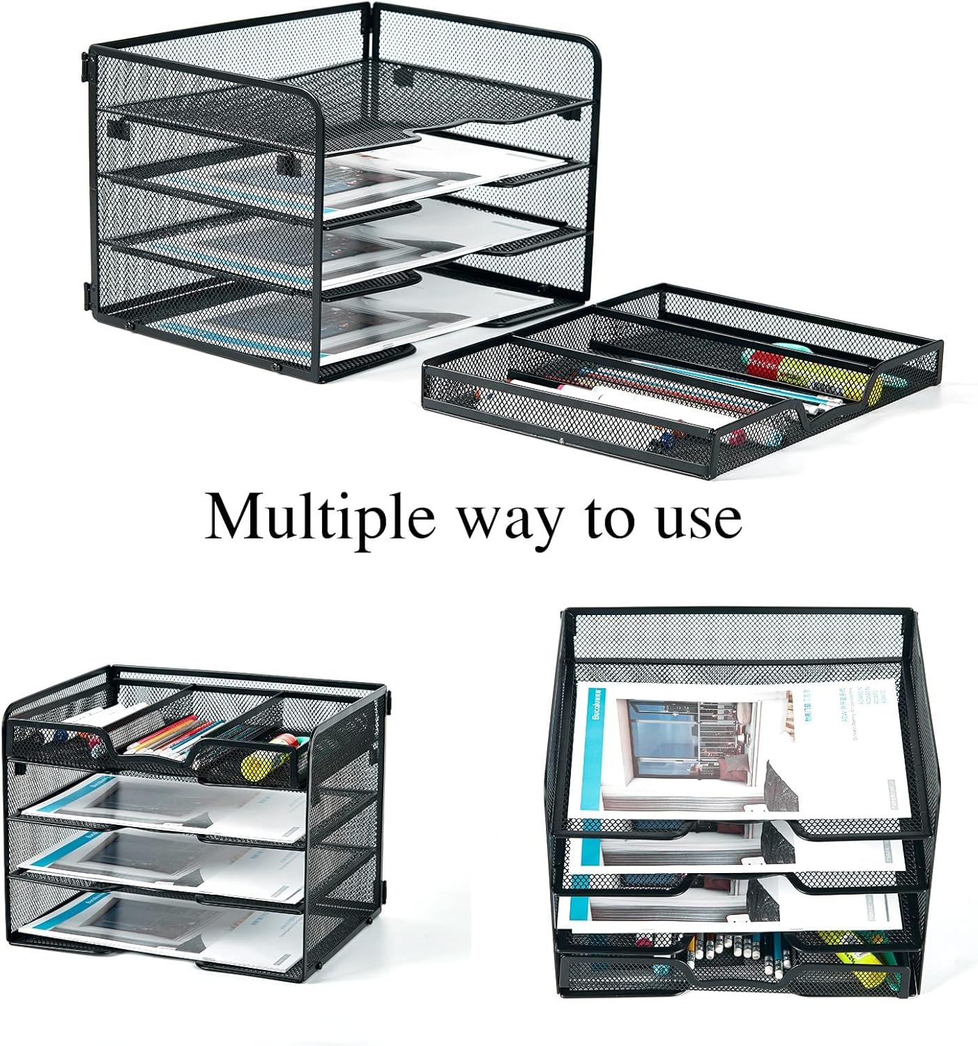 SETTFRFE 4 Tier Mesh Paper Letter Tray,Desk File Organizer with A Sliding Drawer,Office Supplies Desk Organizer for Home Office,Black.