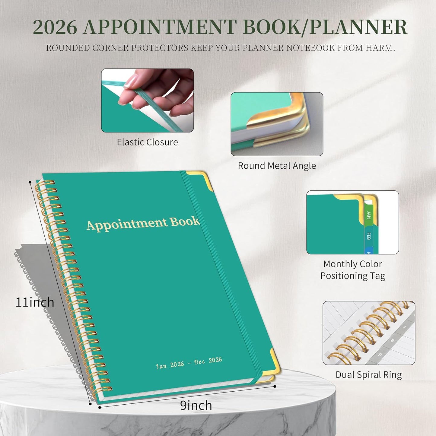 2026 Appointment Book/Planner - 2026 Daily Hourly Planner from Jan. 2026 - Dec. 2026, Weekly appointment Book 2026, 2026 Hourly planner with 20-Minute Interval, 9" x 11", Twin-Wire Binding, Colorful Tabs, Pocket