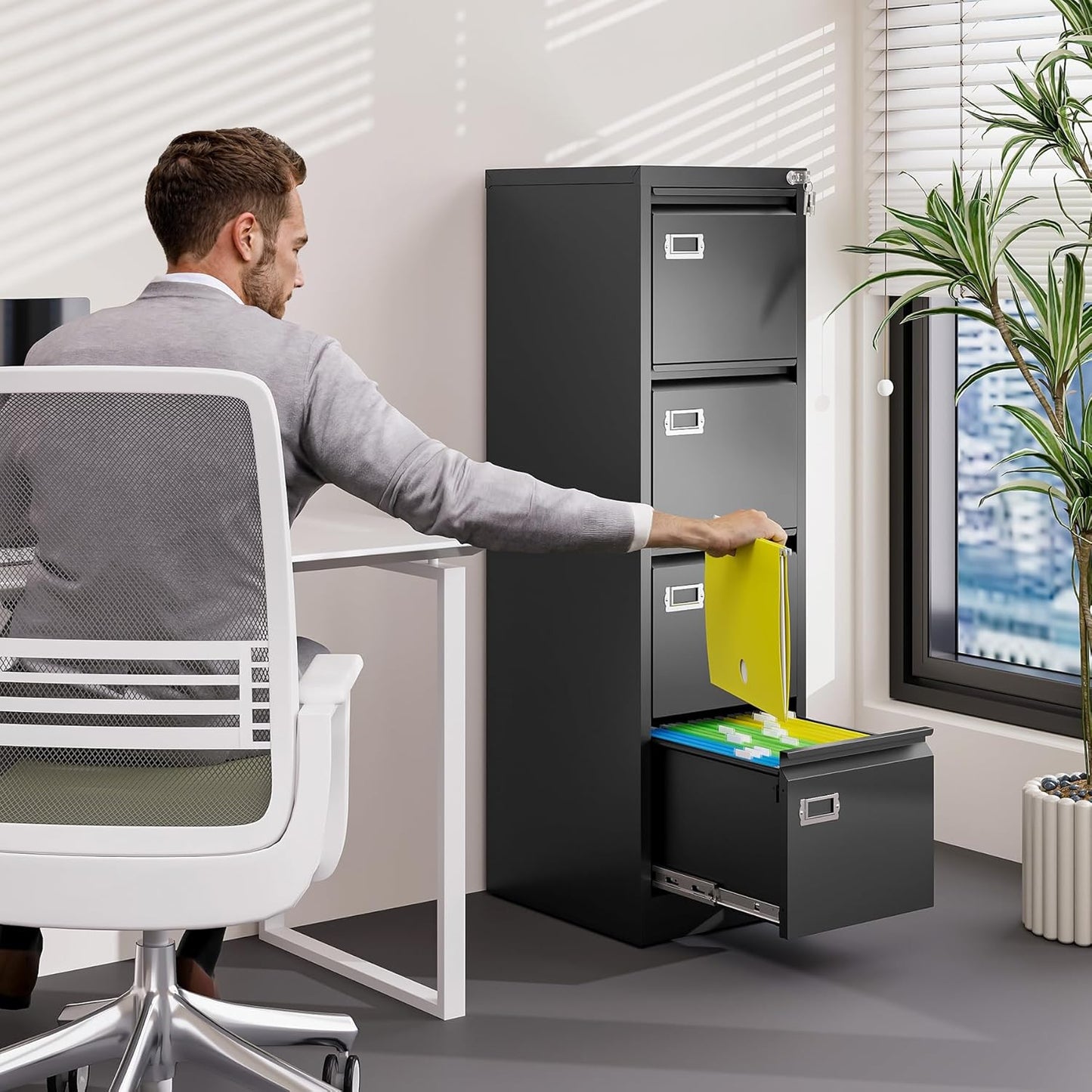 4 Drawer File Cabinet with Lock Metal Vertical File Cabinet Office Home Vertical File Cabinet for A4 Legal/Letter Size Narrow File Cabinet Locked,Assembly Required (Black, 4 Drawers- Vertical)