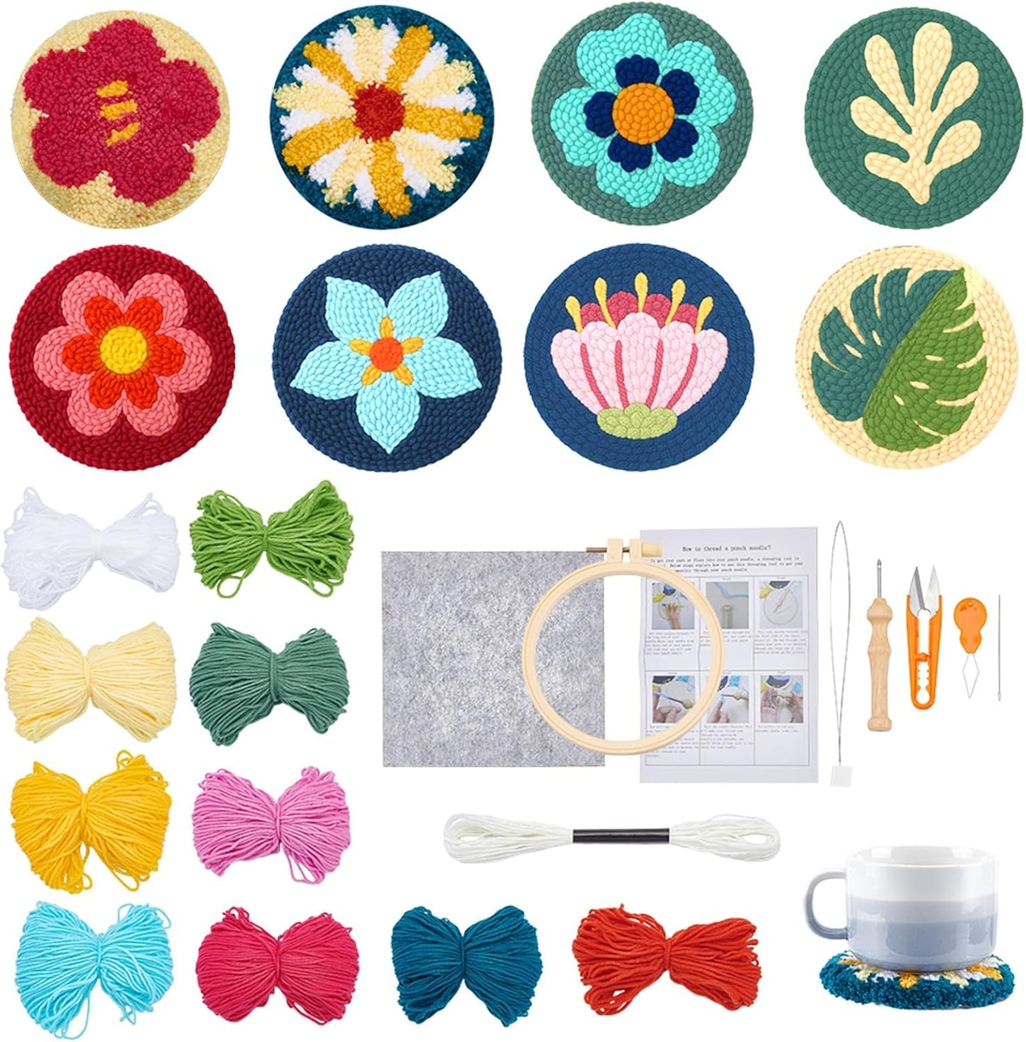 GLASSWINDS 8 Pcs Punch Needle Kit for Adults Beginners Flower Punch Needle Coaster Kit Rug Tufting DIY Embroidery Kits Art Craft Supplie with Stamped Fabric, Hoops, Yarns and Sewing Needles