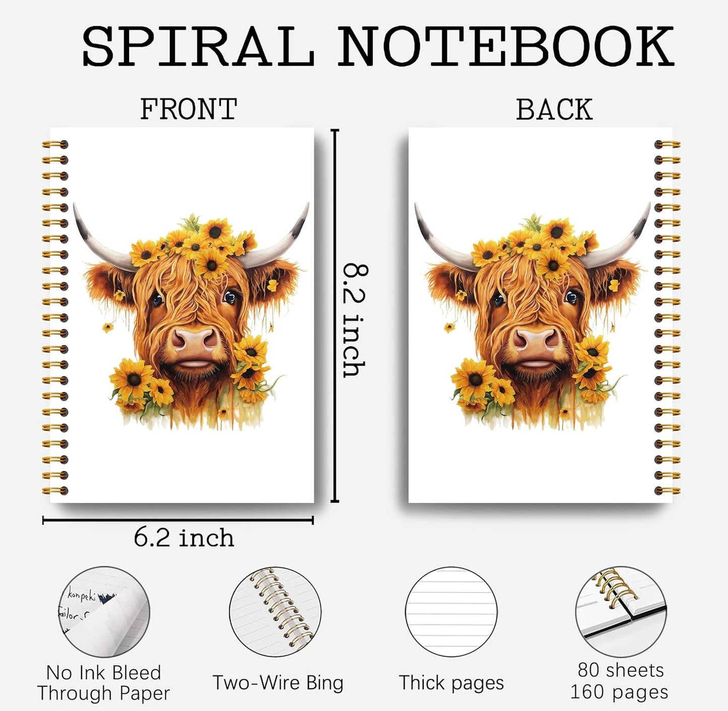 Sunflower Highland Cow Notebook - Western Notebook, Cow Notebook, Highland Cow Office Supplies, Highland Cow Gifts, Cow Stuff, Farmhouse Highland Cows Spiral Notebook 5.5x8.3