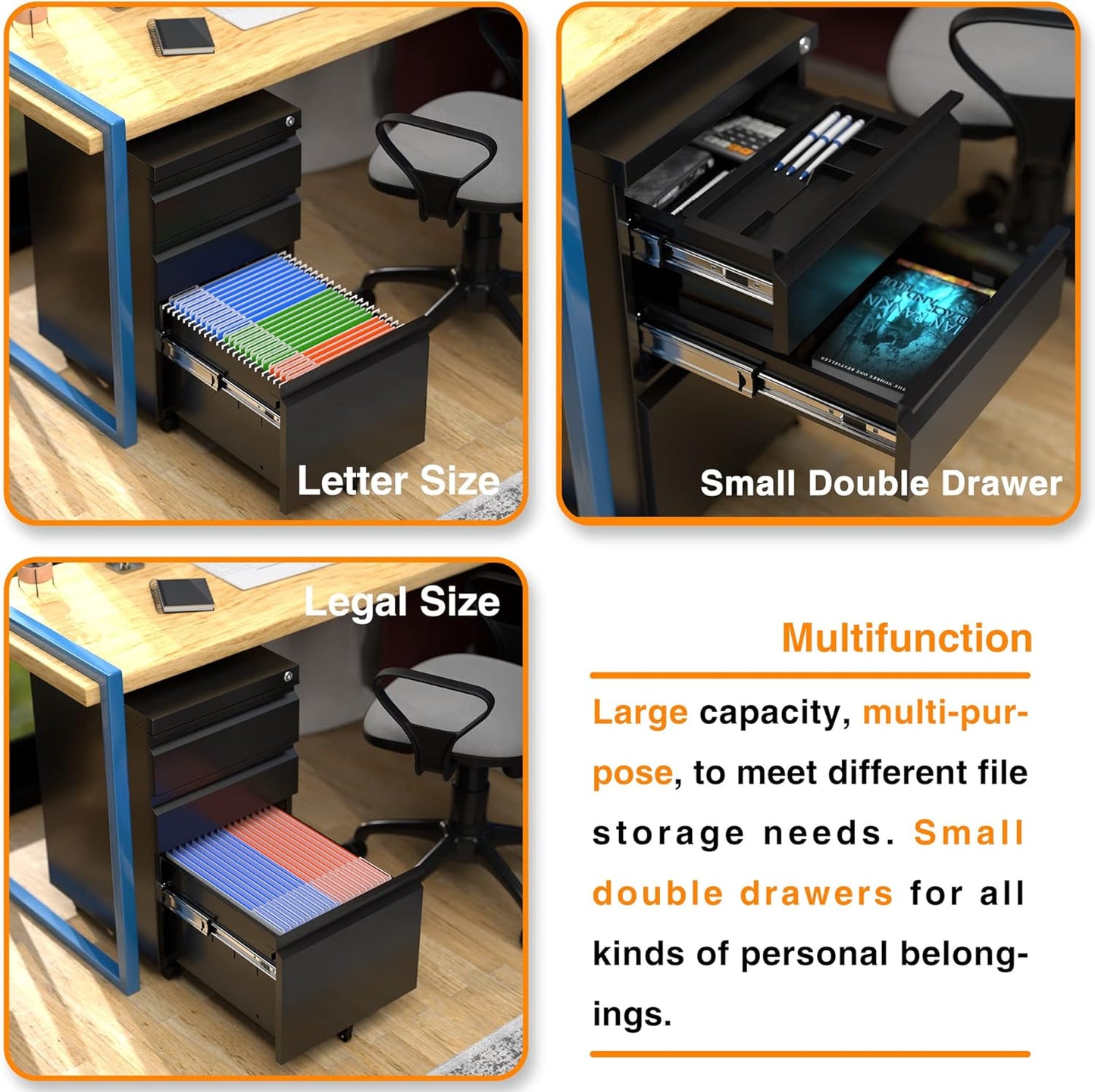 Aobabo Steel 3 Drawer Mobile File Cabinet with Lock, Under Desk Metal Filing Cabinet, 23.6''H A4/Legal/Letter Size Fully Assembled Except Wheels, Black