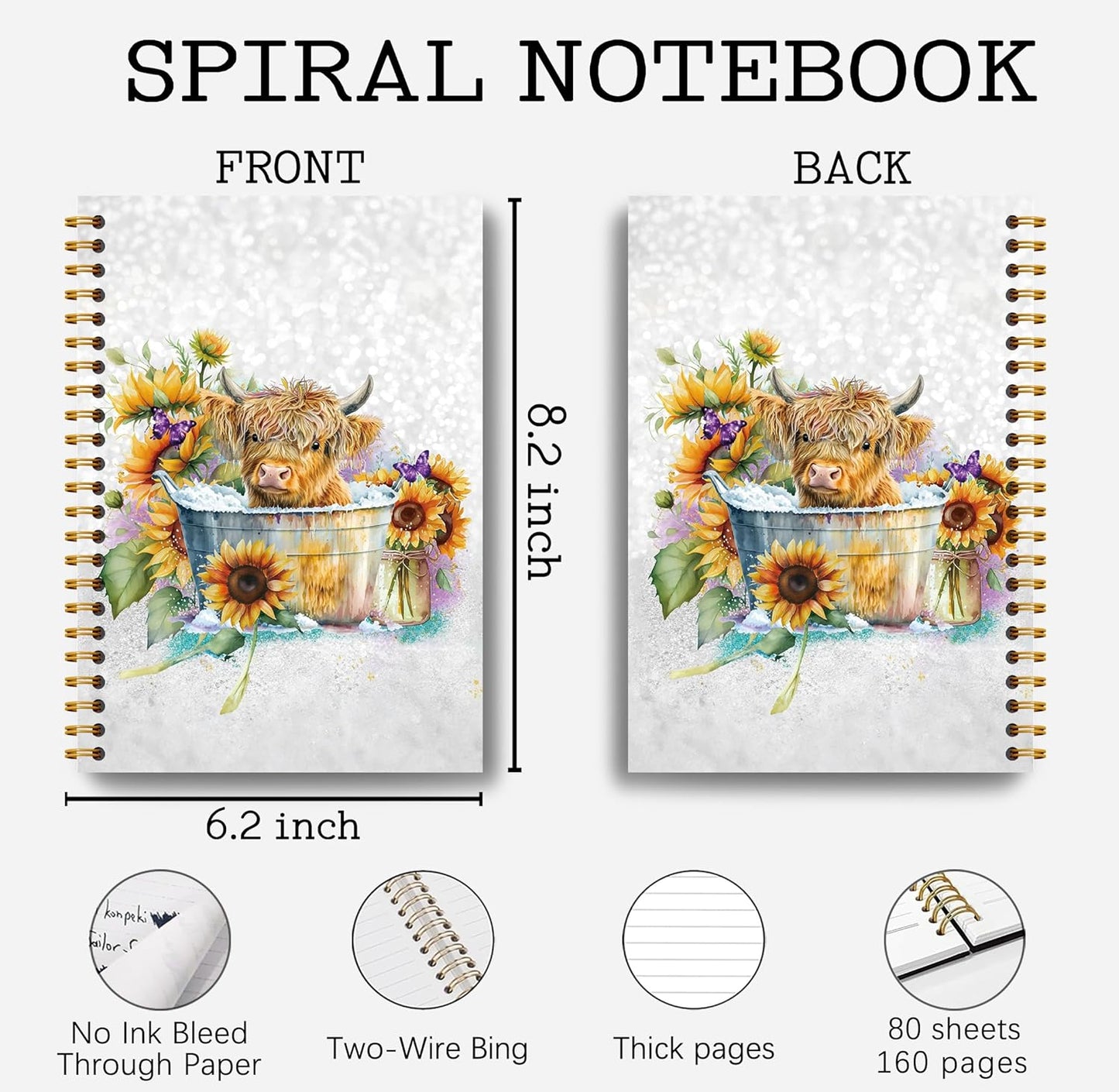 Highland Cow Notebook Journal - Sunflower Notebook, Summer Sunflower Journal Notebook 5.5×8.3, Highland Cow Gifts, Cow Gifts for Women, 164 Pages