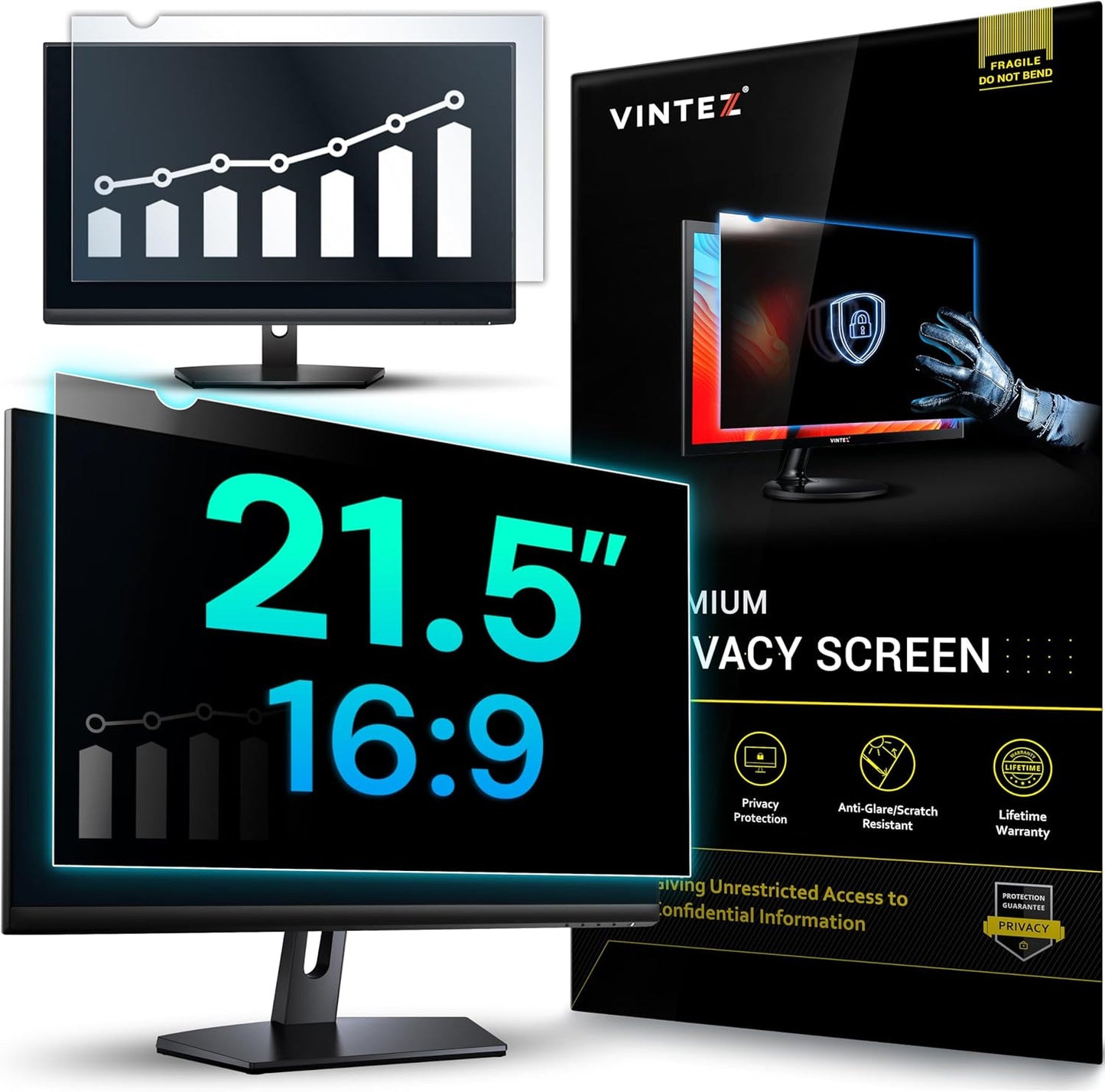 VINTEZ 21.5 Inch 16:9 Privacy Screen for Computer Monitor and Laptop - Anti Glare Protector Film Blue Light Filter Eye Protection - Computer Screen Privacy Shield, [1 Pack]