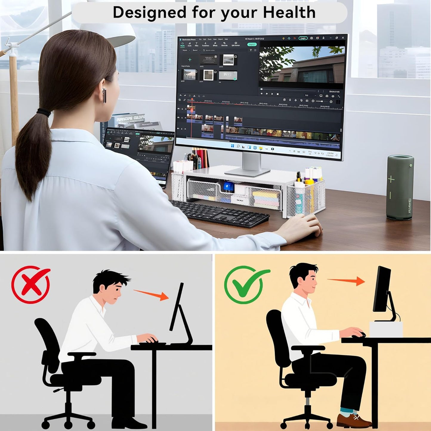 Computer Monitor Stand Riser with Drawer and Pen Holders, Desk Organizer Shelf and Accessories, Office Desk Accessories, Office Organization, White