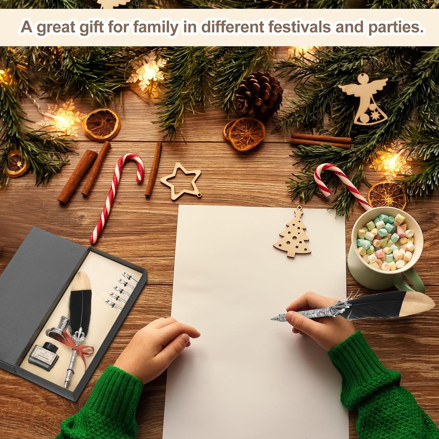 PATIKIL Feather Quill Pen Set, 1 Set Vintage Feather Calligraphy Pen Fountain Dip Pen Set with Ink, Pen Holder and Replacement Nibs for Beginner Writer Writing Gift, Navy Blue(Silver Box)