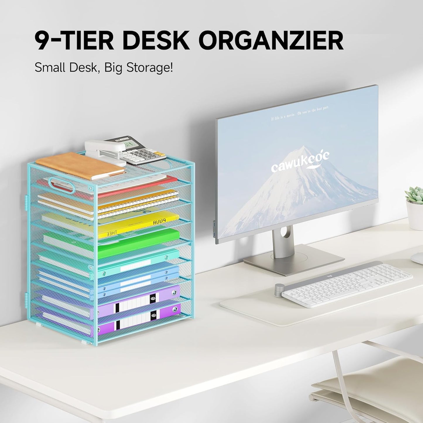 9 Tier Paper Organizer with Handle, Large Capacity Desk Organizer Mesh Paper Letter Tray File Folder Document Sorter for Classroom and Office Accessories Organization- Blue (2 Pack)