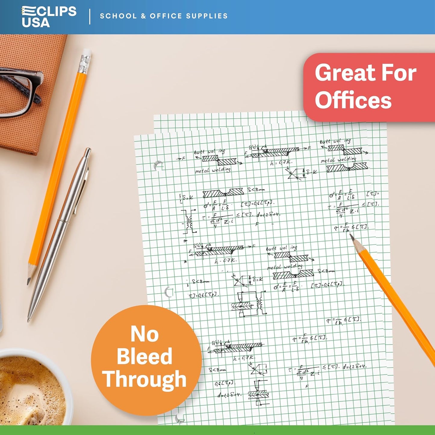 Loose Leaf Graph Paper (6 Pack), 4 x 4 An Inch Quad Ruled Graph Paper, 10.5” x 8” Graphing Paper, 100 Per Sheets Per Pack, 60 gsm (6 Pack)