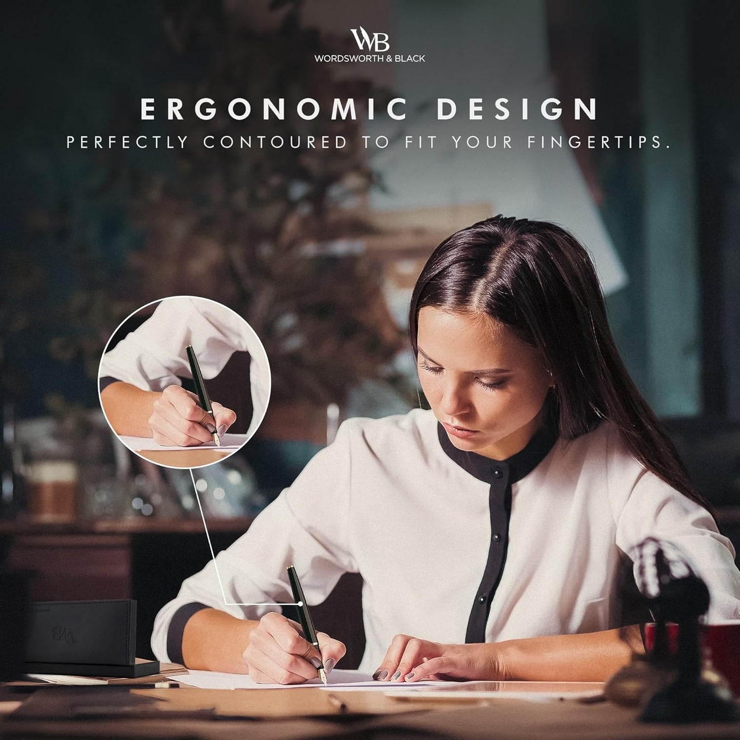 Wordsworth & Black Fountain Pen Set, Medium Nib, Includes 24 Pack Ink Cartridges, Ink Refill Converter & Gift Box, Calligraphy, [All Black], Perfect for Men & Women