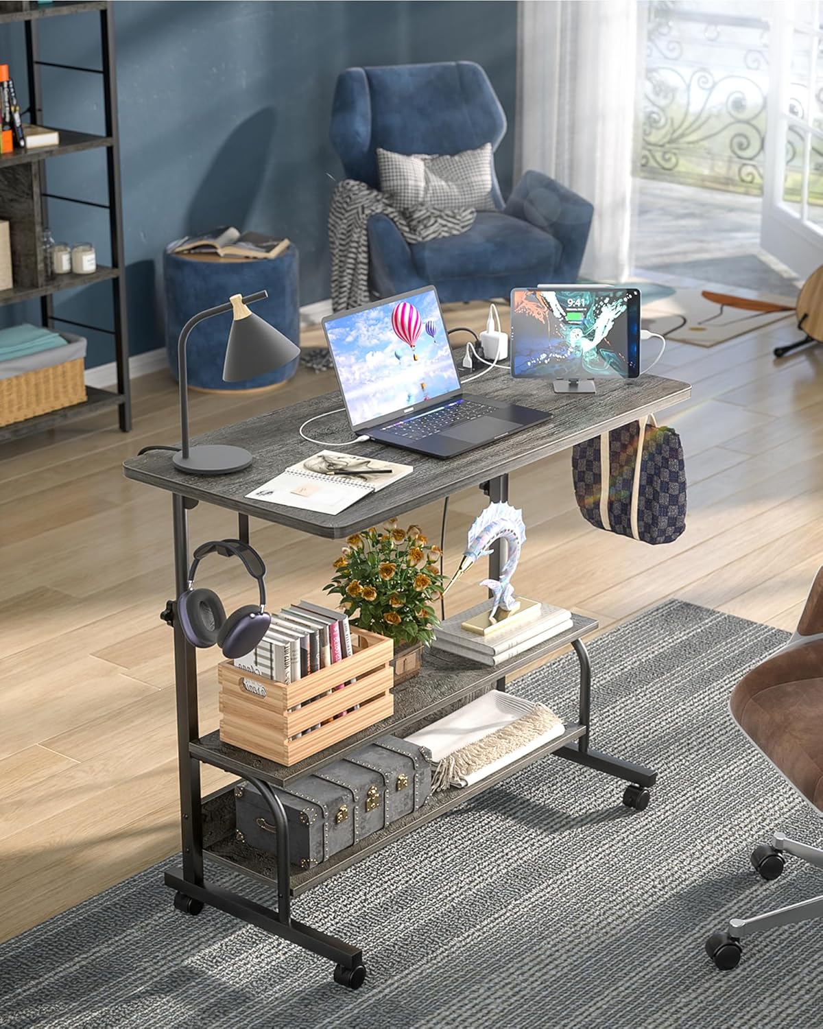 Height Adjustable Standing Desk with Power Outlets, 32" Manual Stand Up Desk with Storage Shelves Small Mobile Rolling Computer Desk Portable Laptop Table with Wheels for Home Office, Grey Oak