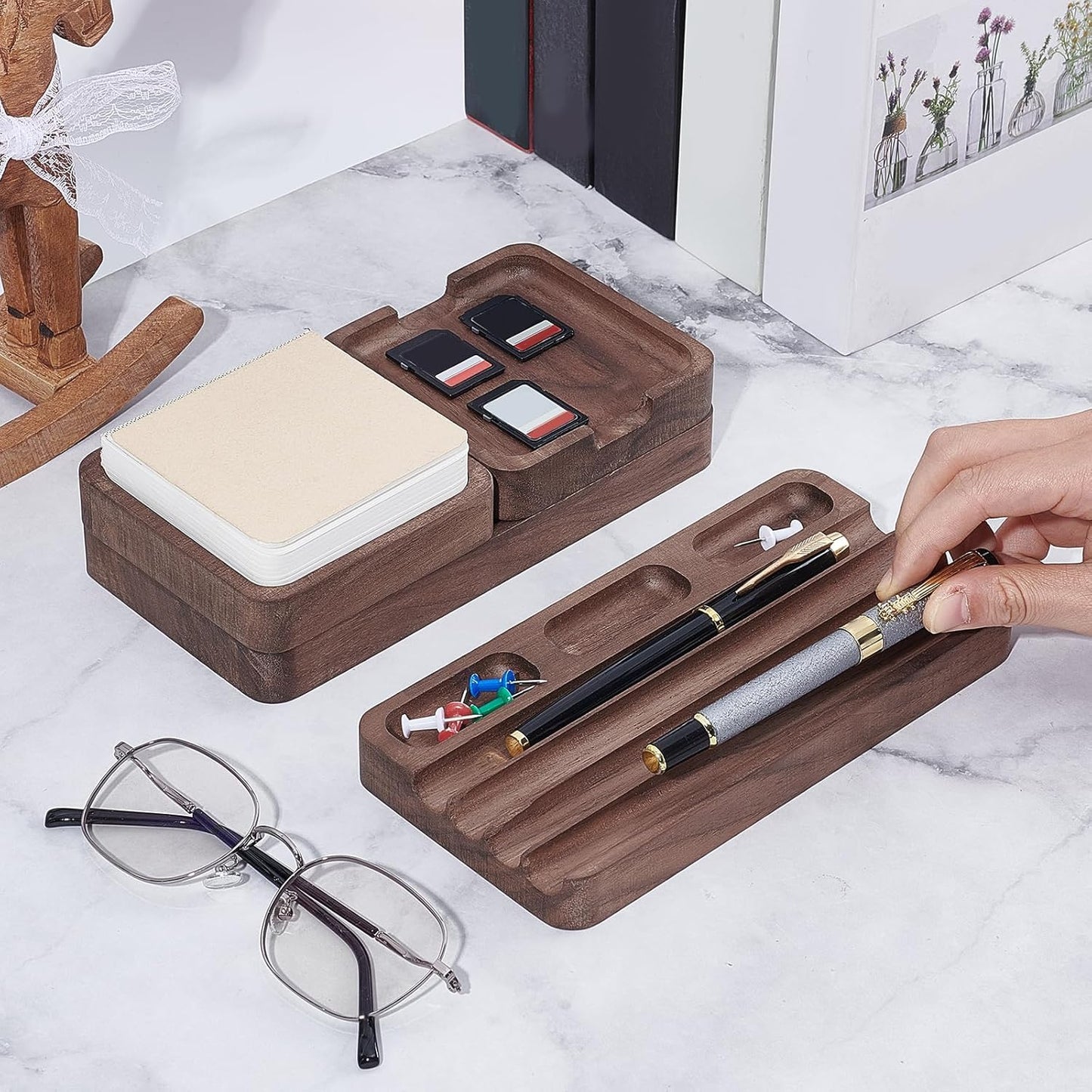4 Piece Wooden Desk Organizer Tray With Pen Holder, Walnut Wood Pencil Holder, Minimalist Desk Accessories, Mens Valet Tray Office Supplies, Stationery Pen Key Wallet Catchall Trays