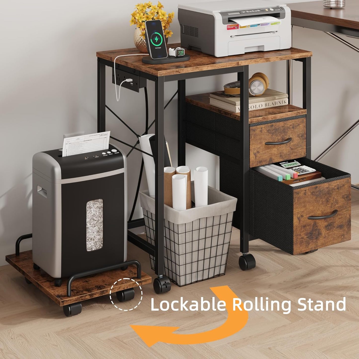 Printer Stand with Power Outlet/Fabric Drawers, Printer Cabinet with Storage Shelf and Rolling Shredder Stand, Printer Table for Home Office, 22.8"×15" Rustic Brown