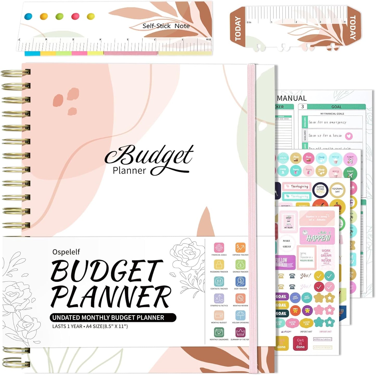 Ospelelf Budget Planner - Monthly Budget Book with Expense Tracker Notebook, Undated 12 Month Bill Organizer & Finance Planner, A4 Account Book with 12 Index Pockets, Zipper Pouch, Stickers(Brown)