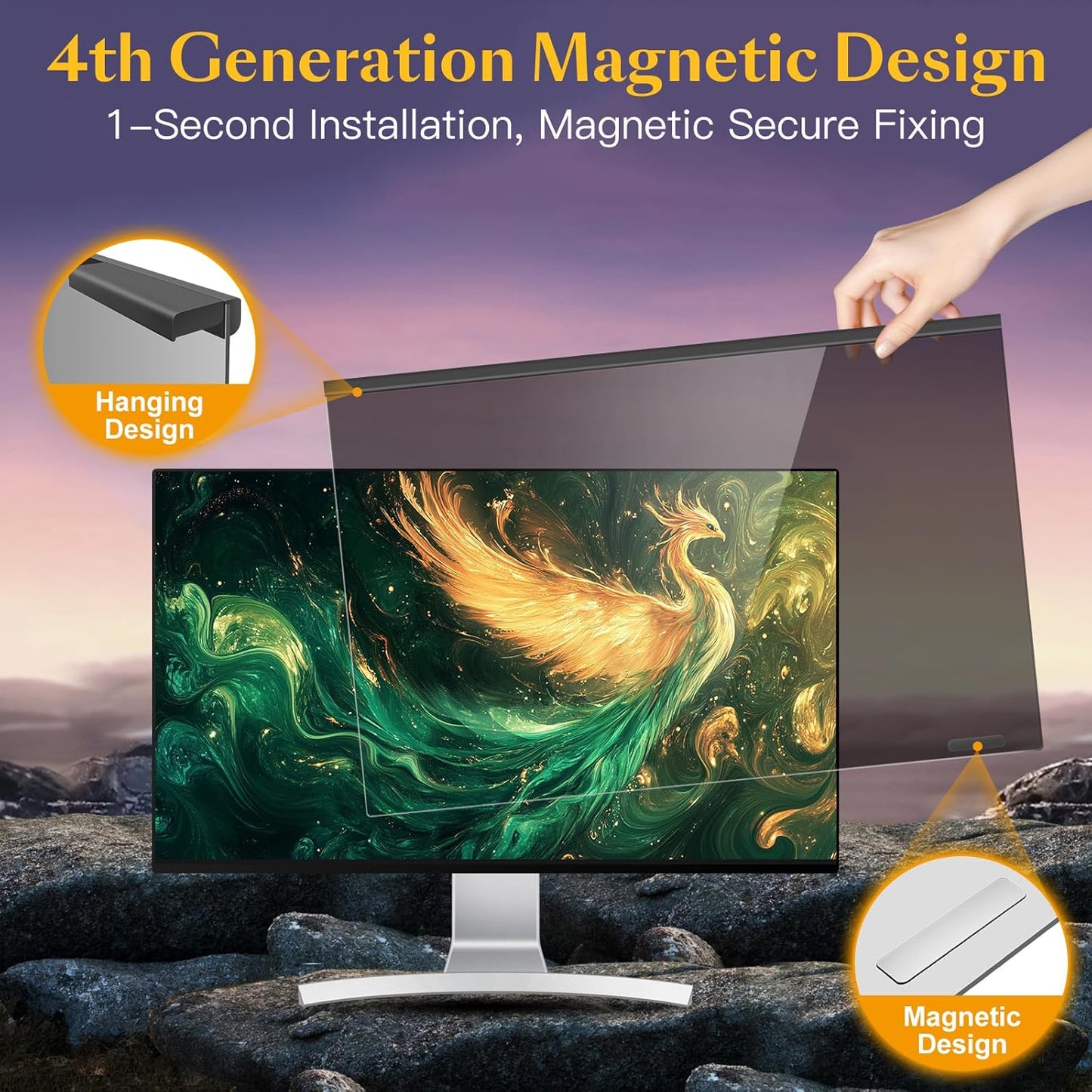 Magnetic Computer Privacy Screen Filter 24 Inch for Frameless Monitor Thin Bezel 16:9 Widescreen, 24in Hanging Removable Anti Blue Light Eye Protection Shield, Anti Spy Protector Panel