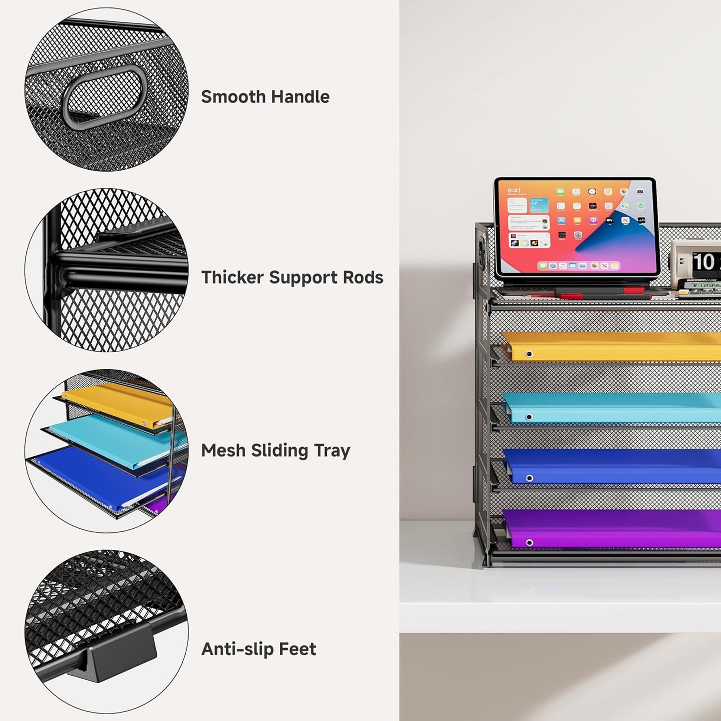 5 Tier Paper Organizer with Handle, Metal Mesh Desk Organizer File Folder Paper Letter Tray Desktop Document Sorter for Classroom, School, Office Accessories Organization and Storage - Black