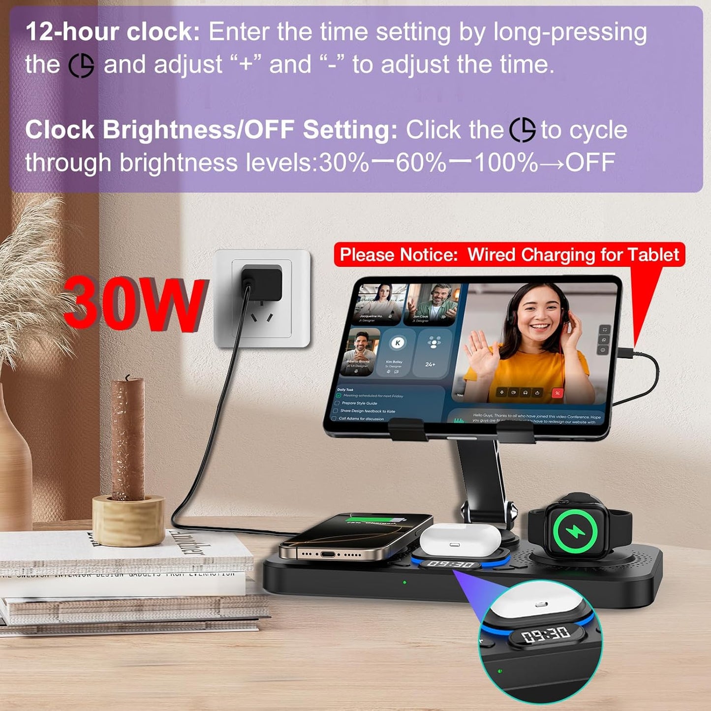 30W Charging Station for Apple Products, Foldable Wireless Charger with Clock Display&7 Color Light, Wired Charging for iPad/Tablet Charging Station for iPhone17, for Apple Watch10 for AirPods4(Black