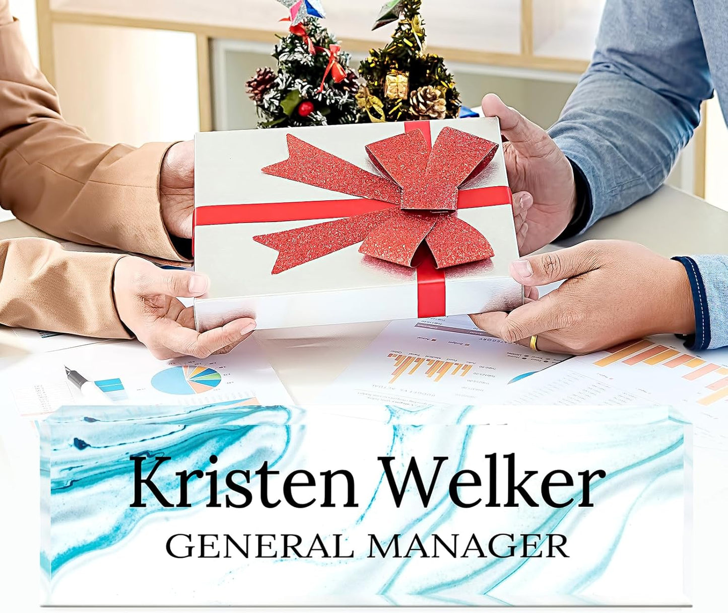 Gowellly Desk Name Plate Personalized - Custom Acrylic Name Plate for Desk - Enterprise Custom Logo/Text nameplates - Employee Appreciation Gifts (White Blue Marble)