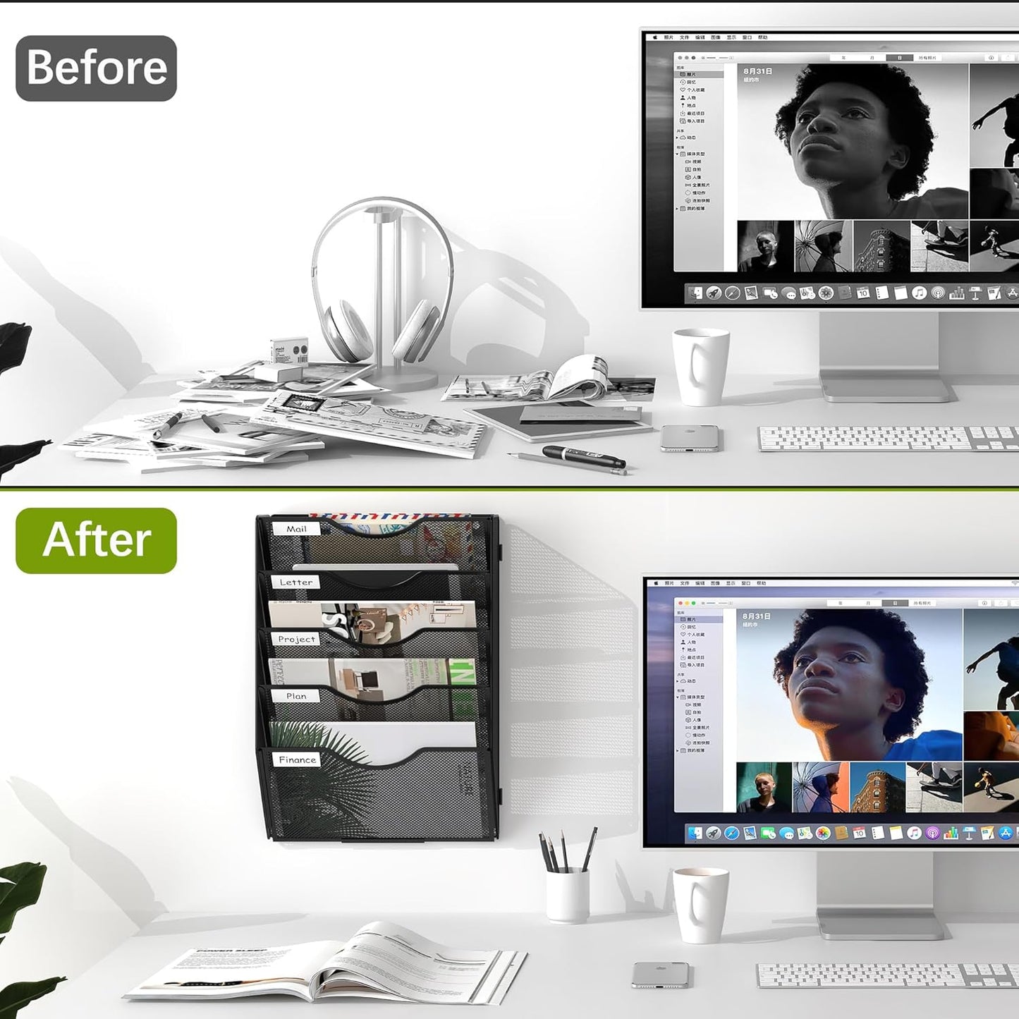 EasyPAG Wall File Holder Organizer 5 Pocket Mesh Hanging Wall Mounted Document Paper Folder Filing Magazine Rack with Nametag Label for Office Home School, Black