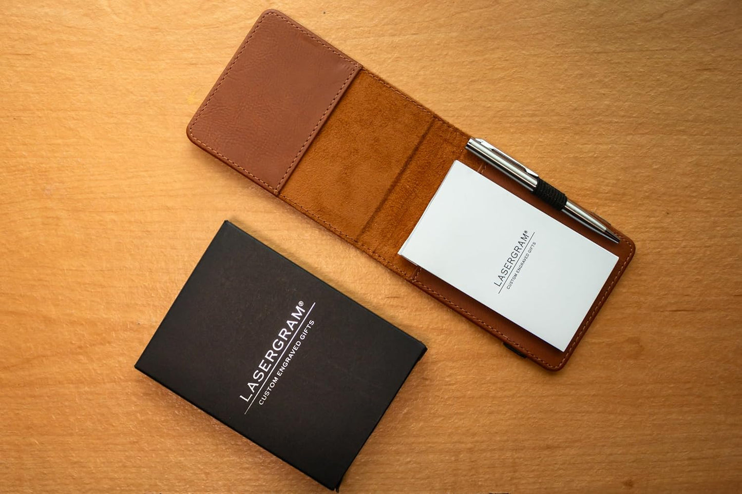 LaserGram Mini Padfolio with Notepad and Pen, Flag of The United States, Personalized Engraving Included (Dark Brown)
