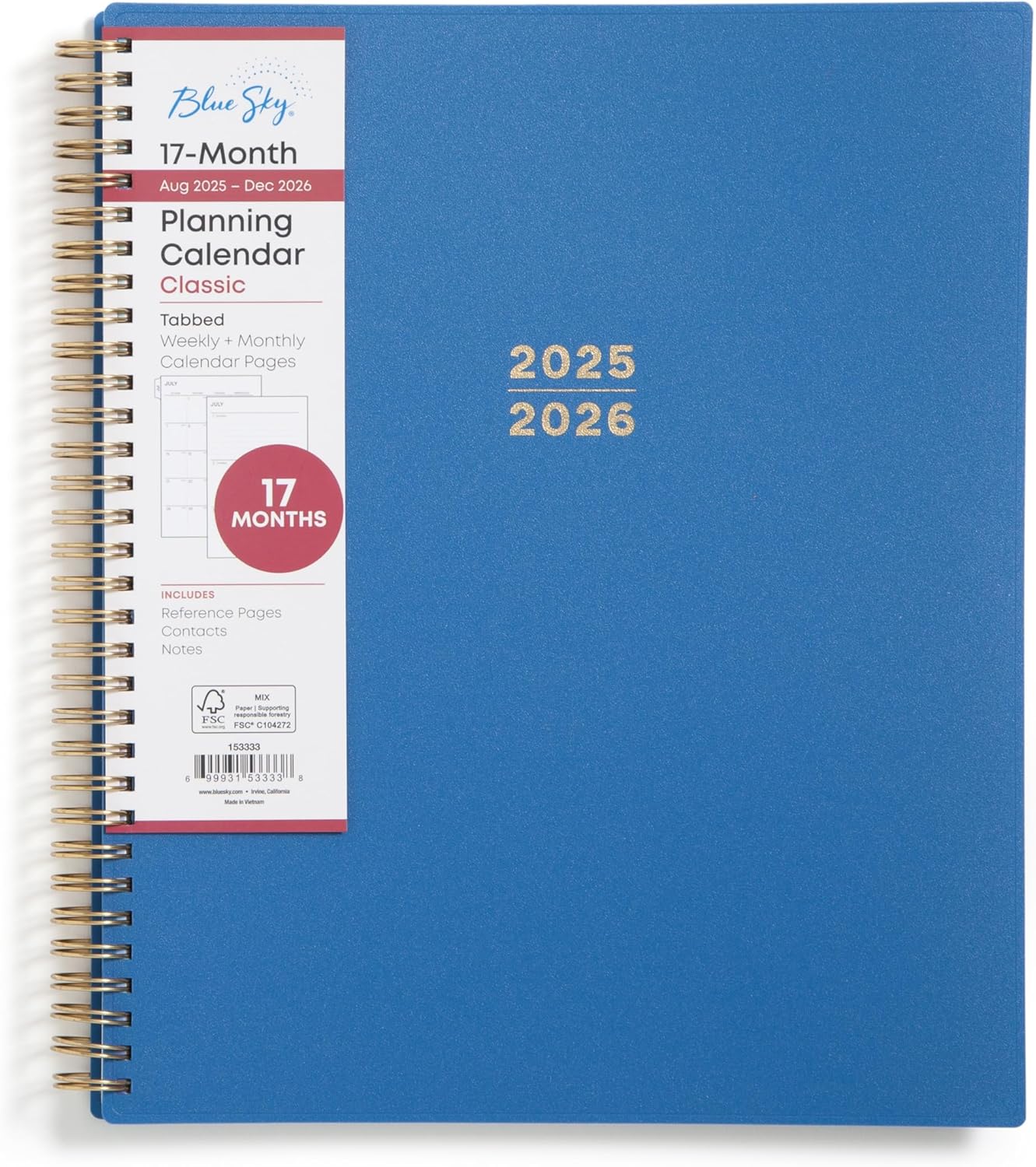 Blue Sky 2025-2026 Academic Year Weekly and Monthly Planner Calendar, August 2025 - December 2026, 17-Month, 8.5" x 11", Flexible Cover, Wirebound, Laminated Tabs, Azure