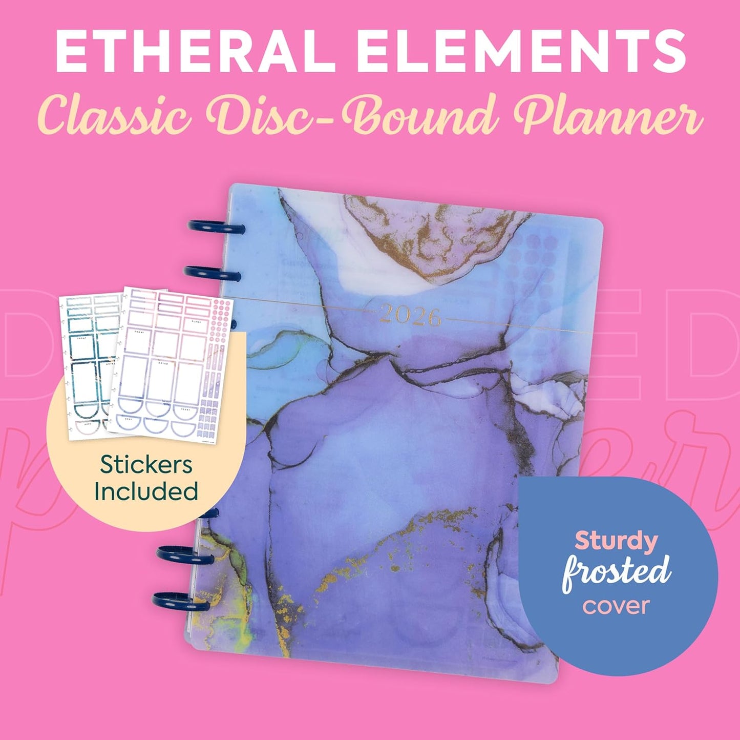 Happy Planner Disc-Bound Planner Jan.–Dec. 2026, Includes 3 Extra Months and 2 Sticker Sheets, Classic Size, 7" x 9.25", Horizontal Layout, Ethereal Elements
