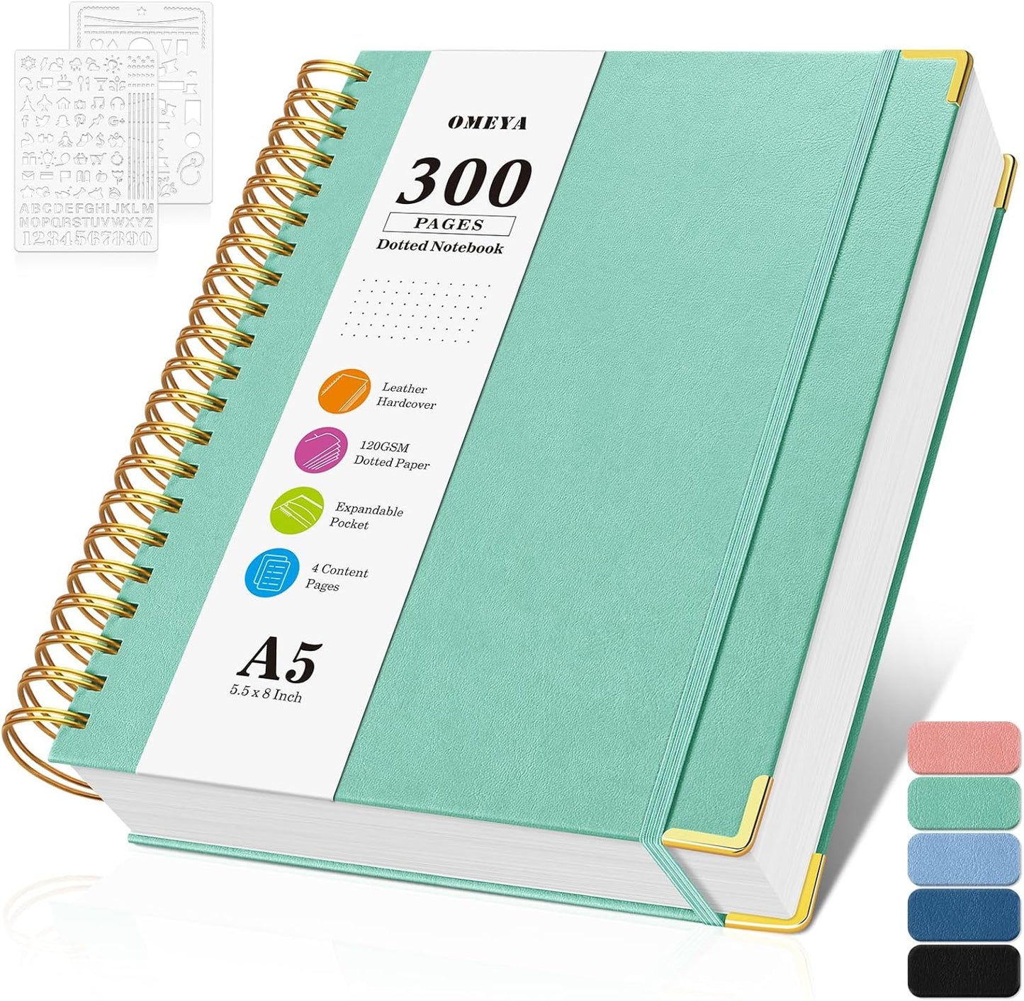 Bullet Dotted Journal Spiral Notebook, 300 Pages Leather Notebooks with Contens, 120 GSM Thick No Bleed Through Paper Journals, A5 Dot Grid Notebook for Women Men School Work Writing, 5.5" x 8", Green