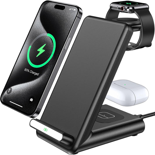 Wireless Charging Station,3 in 1 Charging Stand Made for Apple Watch Ultra 11 10 9 8 7 6 SE 5 4 3,Fast Wireless Charger Made for iPhone 17/Air/16/15/14/13/12,for AirPods Pro(with Adapter) (Black)