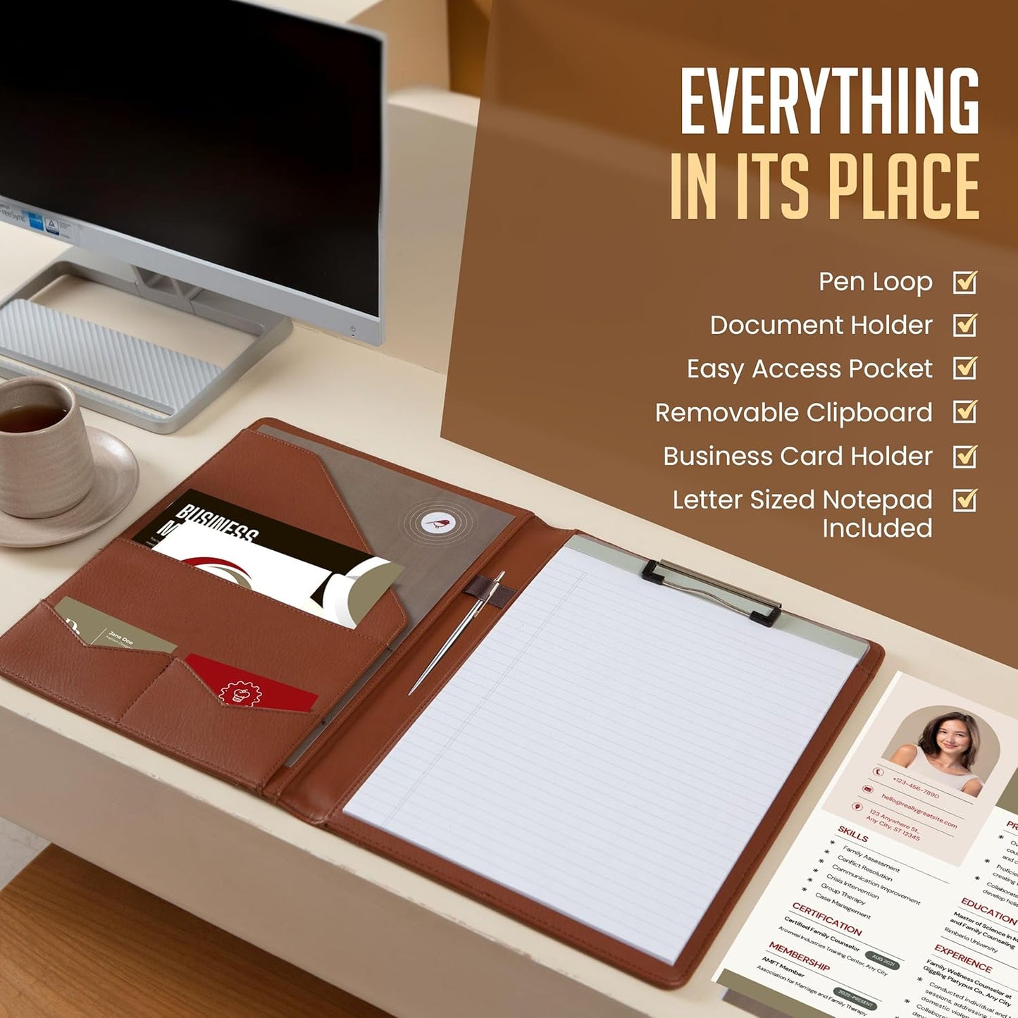 STYLIO Padfolio Folder with Removable Clipboard | Tan (Brown) Color| Portfolio Organizer | Binder with Storage for Notebook, Notepad | Nursing Clipboard Folio | Vegan Leather