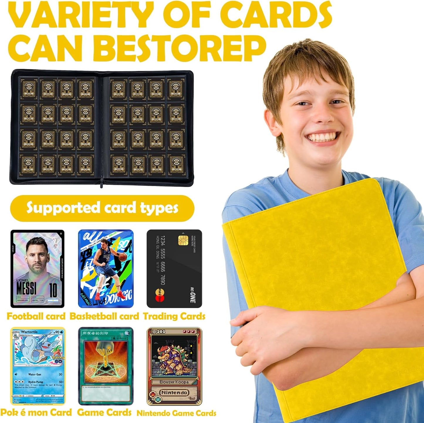 1000+ Pockets Trading Card Binder, 16 Pockets Trading Card Binder Ringless Side Loading Trading Card Album Folder for TCG,MTG,Sports Cards(Yellow)