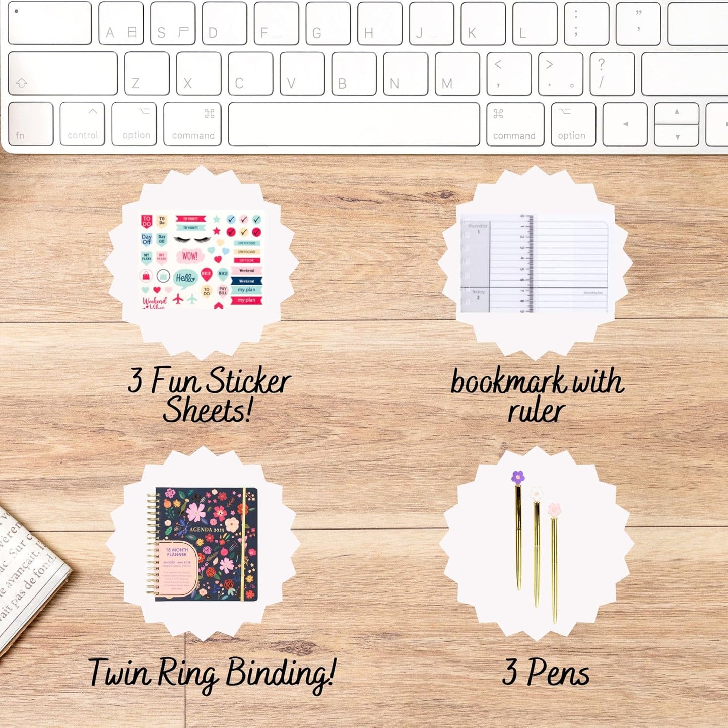 Votum 18-Month Day Large Planner, 2025-2026, Daily, Weekly & Monthly, January 2025 - June 2026, Blue Flowers - Appointment Book with 3 Sticker Sheets, Twin-Ring Binding, Notes Pages - School & Work