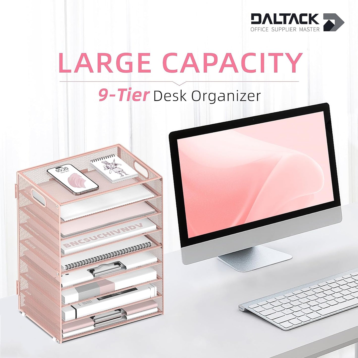 DALTACK 9-Tier Paper Letter Tray Desk Organizer with Handles, Mesh File Holder Organization, Paper Sorter Desk Organizer for Office Home School, Pink 2 Pack