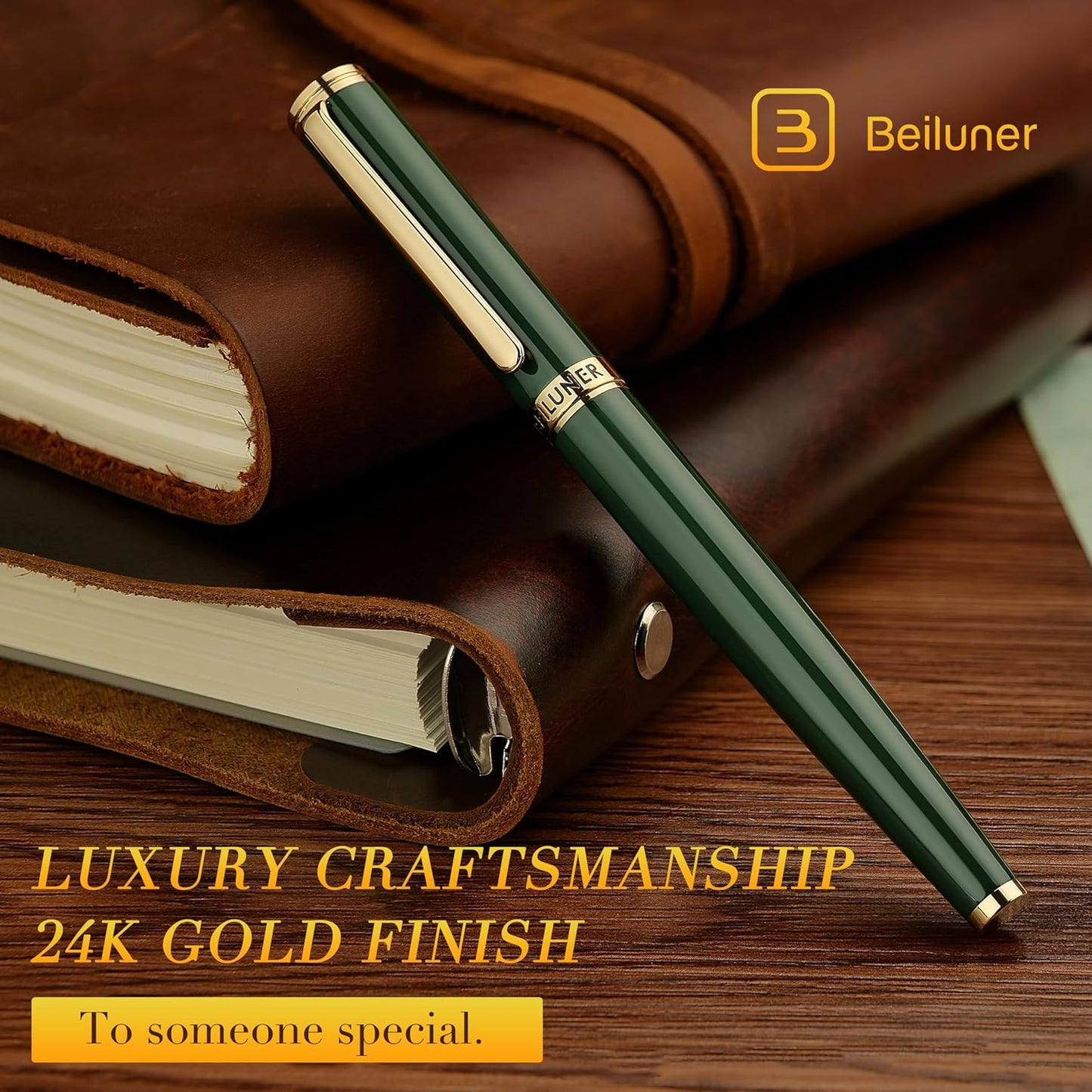 BEILUNER Luxury Rollerball Pen, Stunning Green Lacquer with 24K Gold Trim,Noble and Elegant Designs,Schneider Ink Refill, Best Gift Set for Men & Women, Refillable, Executive Writing, Nice Pens
