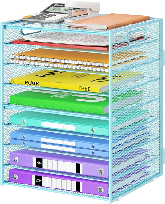9 Tier Paper Organizer with Handle, Large Capacity Desk Organizer Mesh File Folder Letter Paper Tray Desktop Document Sorter for Classroom, School, and Office Accessories Organization- Blue
