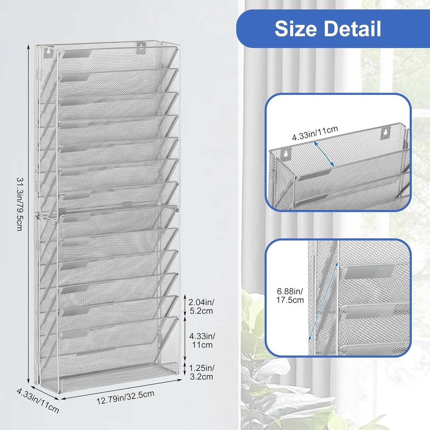 EasyPAG Wall File Holder Organizer 14 Tier Mesh Hanging Wall Mounted Document Paper Folder Filing Magazine Rack with Nametag Label for Office Home School, Silver