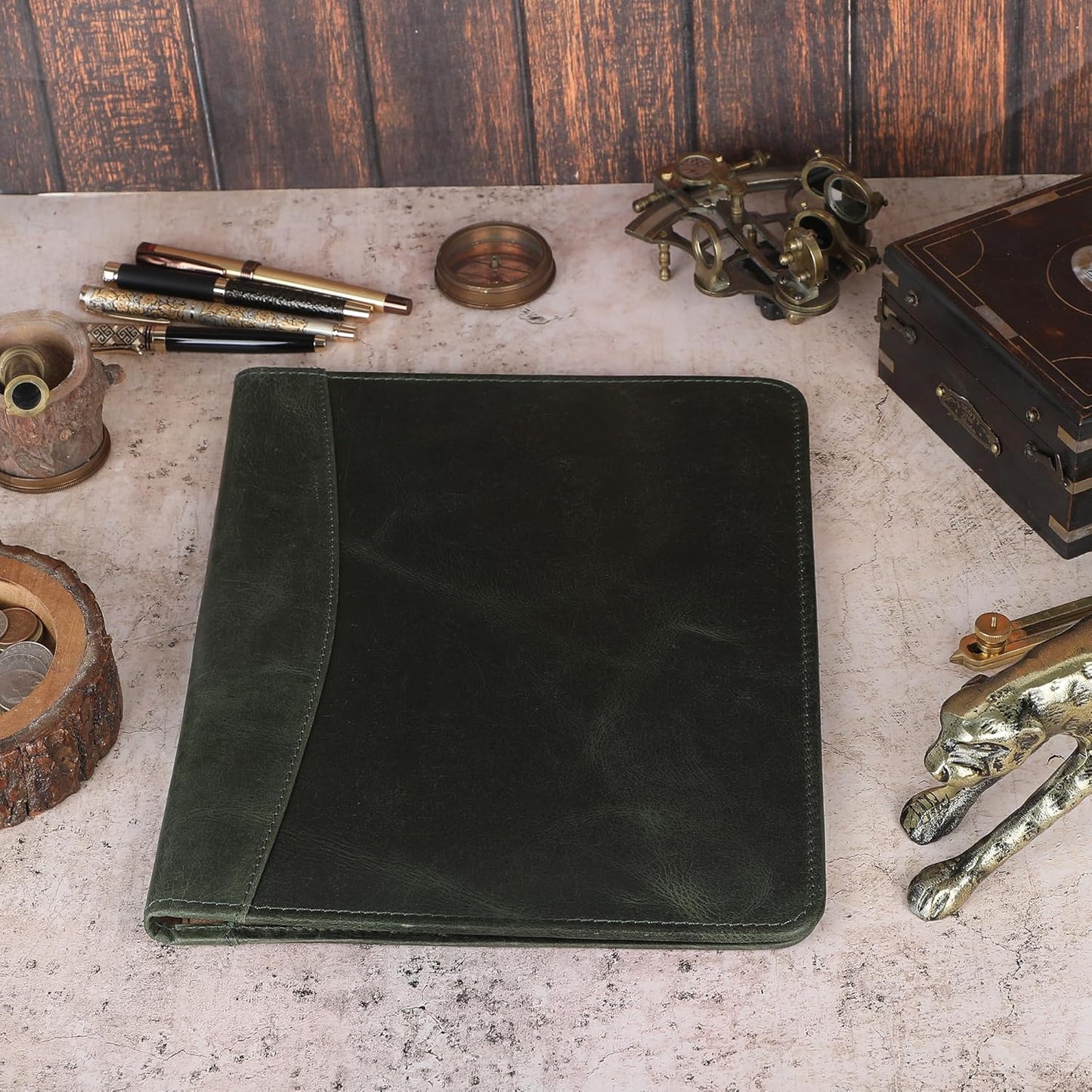 Heavy Duty Buffalo Leather Legal Pad Portfolio Handmade Executive Notebook Binder, Professional Padfolio Organizer Gift for Men and Women Genuine Leather Resume Document Holder (Green)