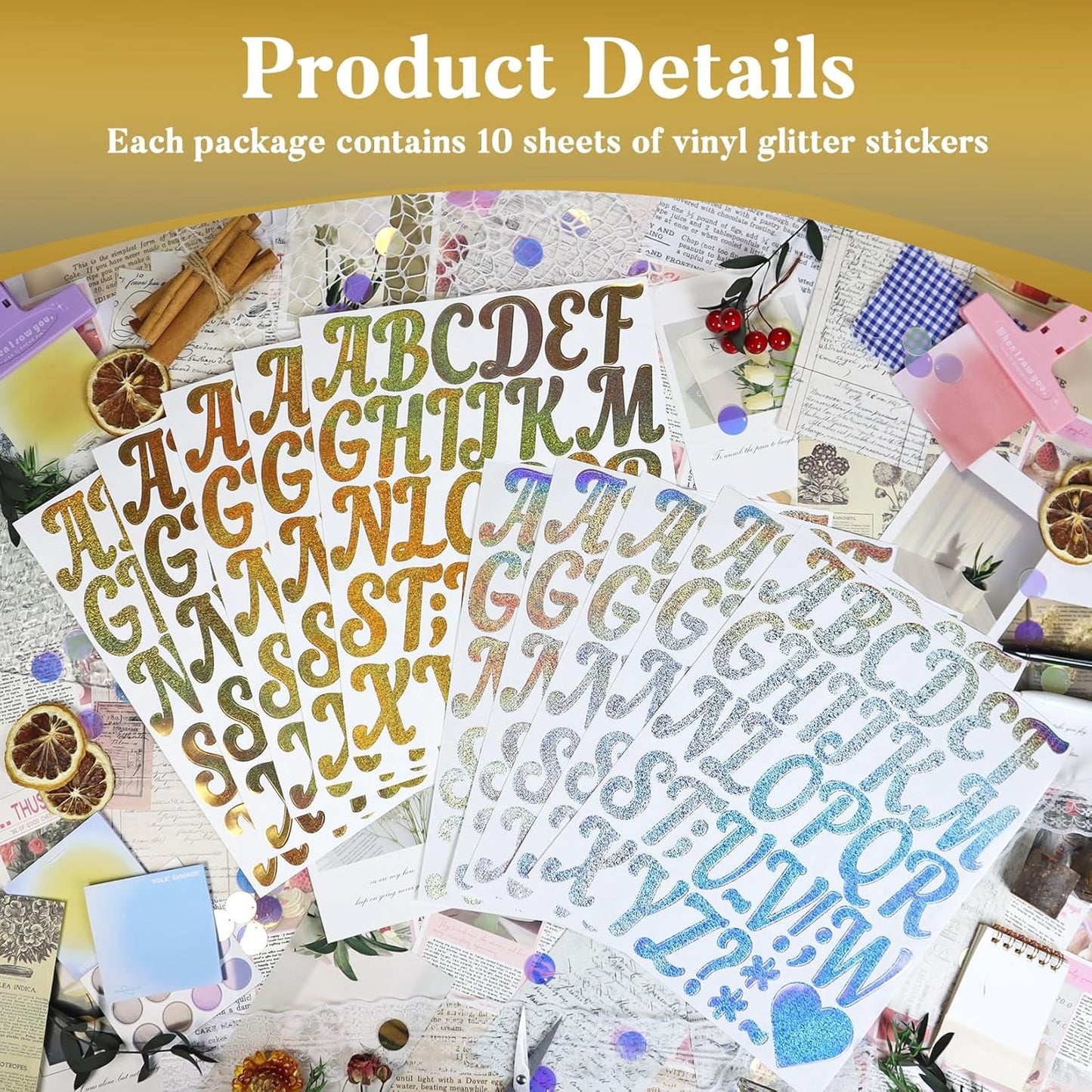 Glitter Letter Stickers,10 Sheets 2 Inches Self-Adhesive Vinyl Letters Alphabet Sticker Decals for Scrapbook,Door,Mailbox,Bulletins Boards - Gold,Silver