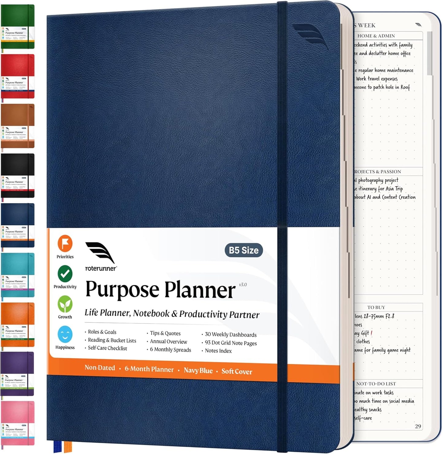 Roterunner Purpose Planner Notebook B5 7.5”x9.8” Undated Planner 2025 Daily Weekly and Monthly Productivity Goal Setting Tool for Work Home