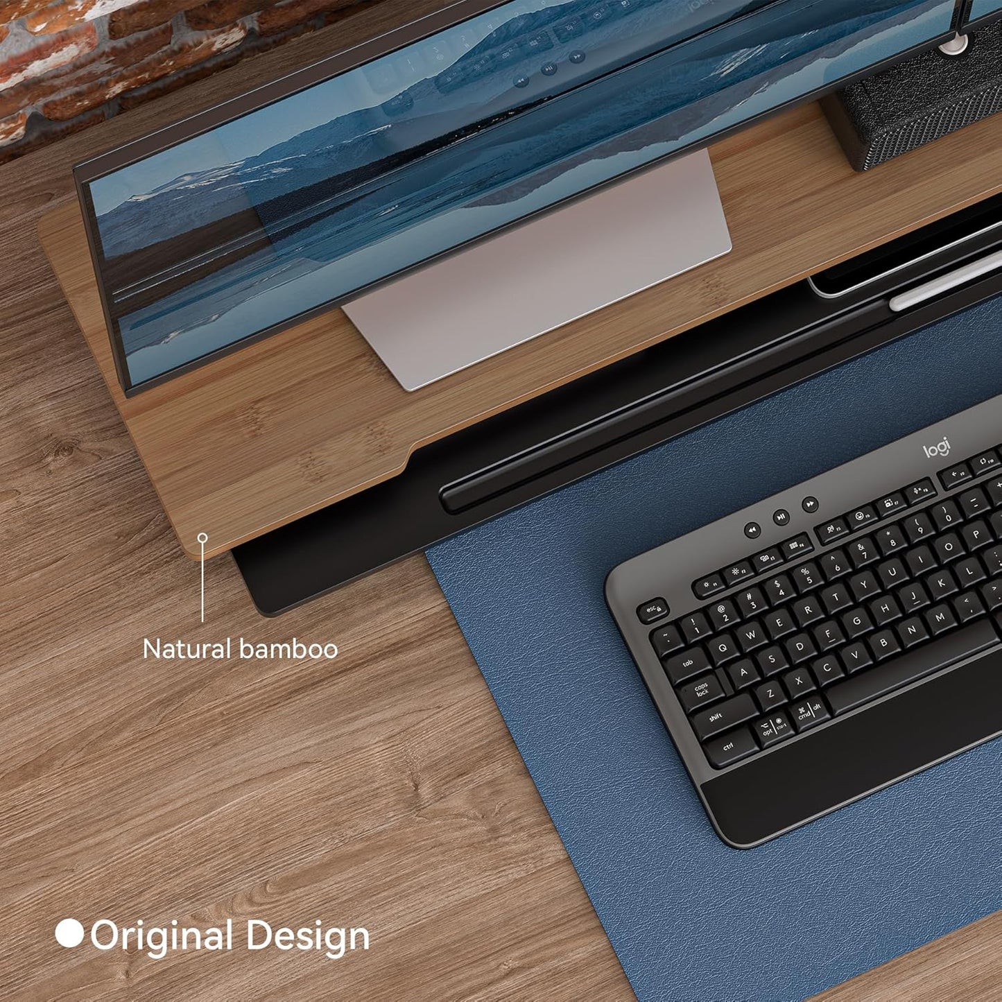 Monitor Stand Dual Monitor Stand Riser for Desk,Wood Desk Shelf Storage Organizer with Phone Tablet Holder (42.5 Inch, Black & Dark Bamboo)