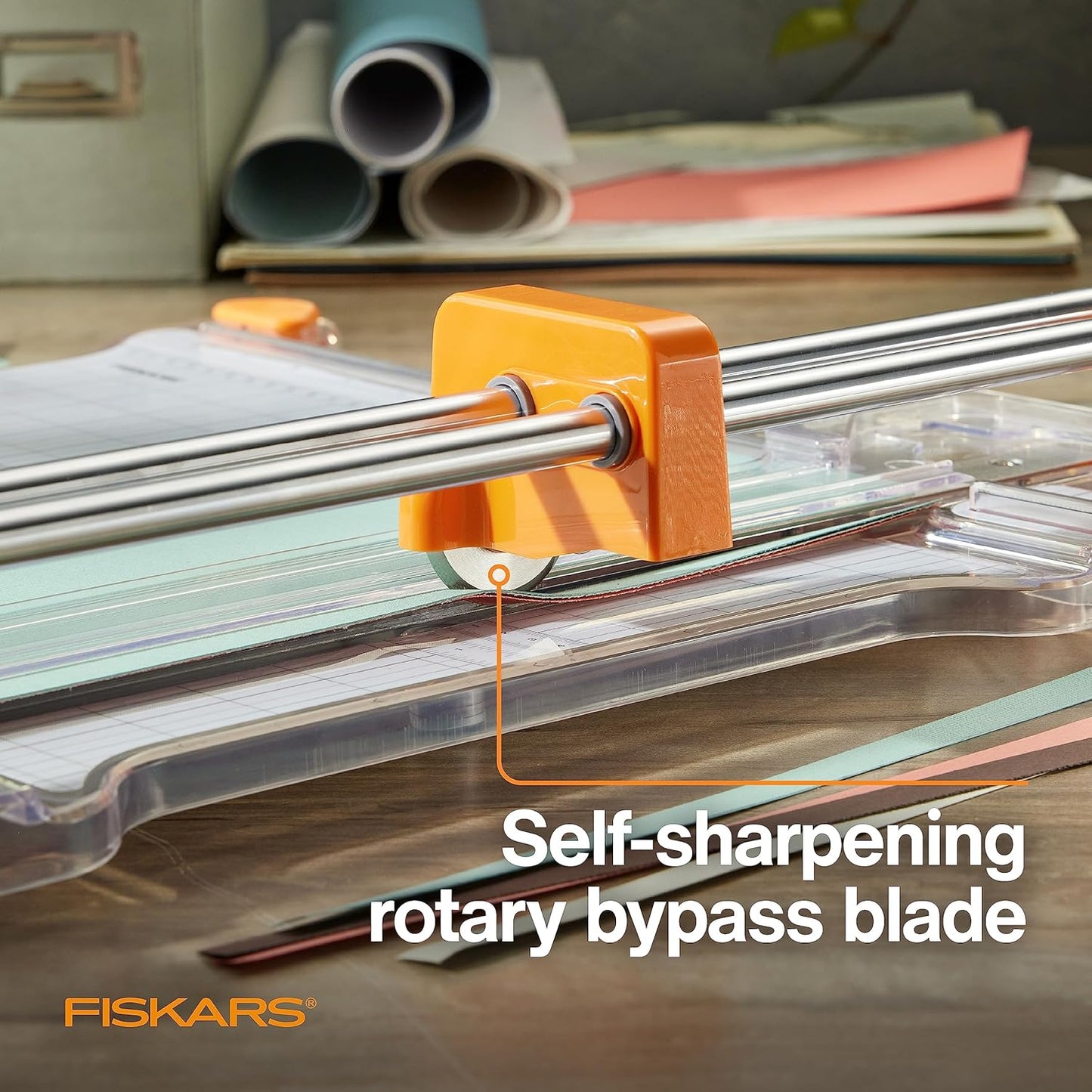 Fiskars ProCision Rotary Bypass Paper Trimmer - 12" Cut Length - Craft Paper and Mixed Media Cutter with Grid Lines - Orange