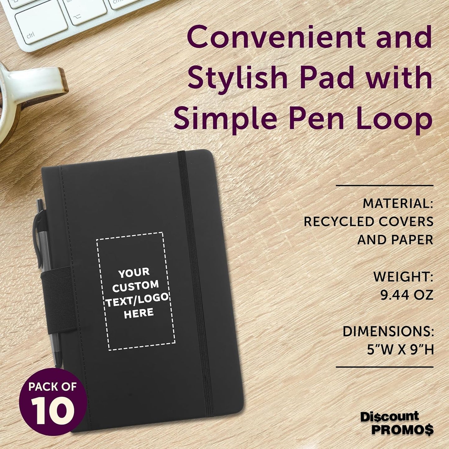 DISCOUNT PROMOS 10 Executive Notebooks with Pen Pack - Customizable Text, Logo - 6 x 8.5 inches, Recycled, Pen Loop, Closure Strap - Black