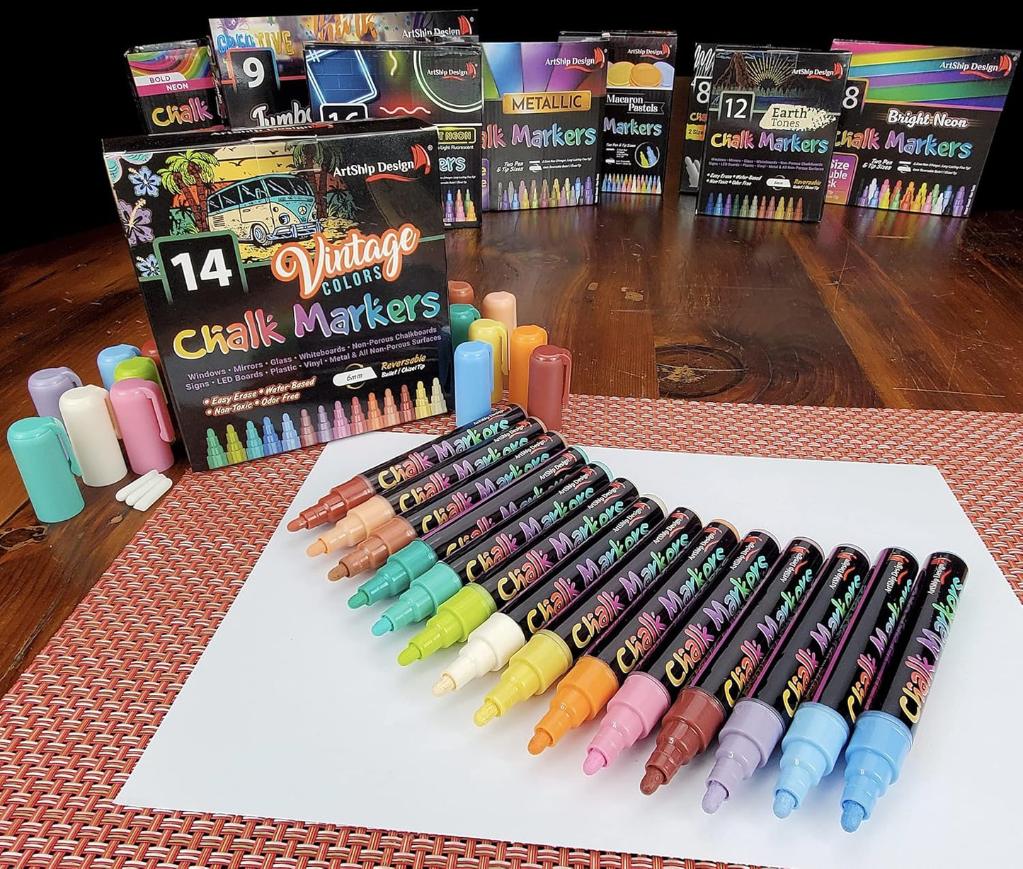 ArtShip Design 14 Vintage Colors Chalk Markers - Reversible Medium Tip Liquid Chalk Pens Wet Erasable - Menu Boards, Glass, Windows, Whiteboards, Classrooms, Mirrors, Chalkboards, Plastic, Metal