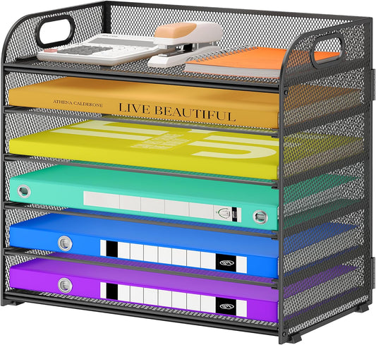 6 Tier Paper Organizer with Handle, Metal Desk Organizer Mesh Paper Letter Tray Desktop File Folder Document Sorter for Classroom, School, Office Accessories Organization and Storage - Black